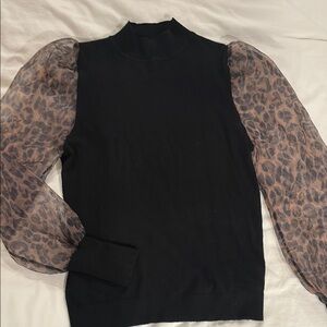Sioni Black & Leopard Print Mock Neck Bishop Sleeve Sweater/Blouse